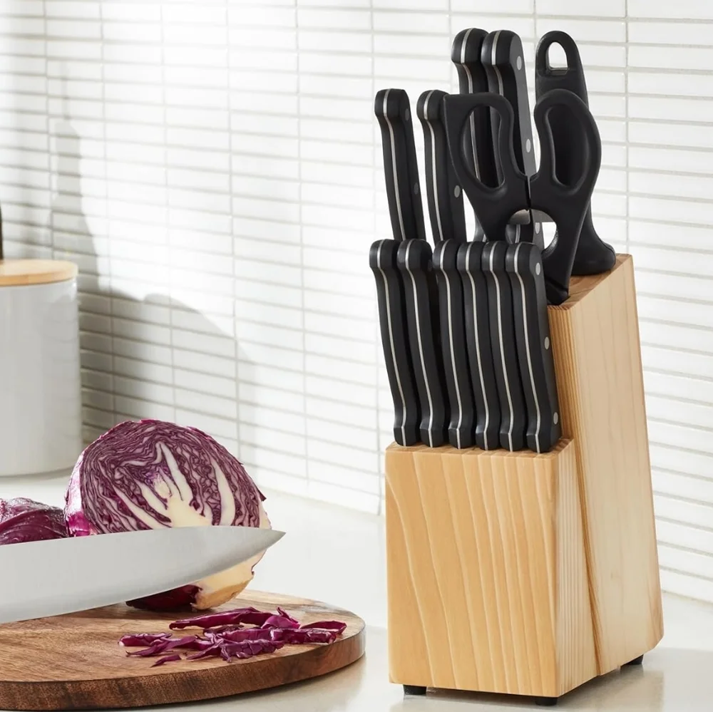 NEW Amazon Basics 14-Piece High Carbon Stainless Steel Knife Set w/ Block